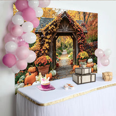 Lofaris Toile de fond de Thanksgiving avec arche en bois et citrouilles, décor d'automne rustique pour fête et photographie de récolte