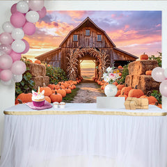 Lofaris Toile de fond d'automne grange rustique avec citrouilles et balles de foin, magnifique arrière-plan pour photographie de récolte