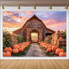 Lofaris Toile de fond d'automne grange rustique avec citrouilles et balles de foin, magnifique arrière-plan pour photographie de récolte