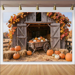 Lofaris Toile de fond de photographie d'automne grange en bois et citrouilles, magnifique arrière-plan rustique pour studio photo et portraits