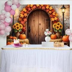 Lofaris Toile de fond d'automne rustique avec porte en bois et citrouilles, décor chaleureux pour la récolte et les fêtes