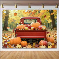 Lofaris Toile de fond de photographie automne avec camion rouge et citrouilles, magnifique arrière-plan de récolte pour studio photo