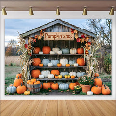 Lofaris Toile de fond d'automne cabane à citrouilles et feuilles colorées, décor de ferme saisonnier pour studio photo ou événement