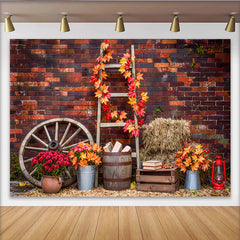 Lofaris Toile de fond d'automne mur de briques et feuilles, arrière-plan de photographie rustique pour studio avec roue et foin