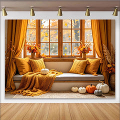 Lofaris Fond de photographie d'automne avec fenêtre et citrouilles, décor chaleureux pour studio et ambiance saisonnière