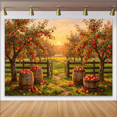 Lofaris Toile de fond de photographie verger de pommes d'automne et coucher de soleil, magnifique arrière-plan rustique pour studio photo