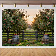 Lofaris Toile de fond verger de pommes avec clôture en bois et coucher de soleil, magnifique arrière-plan rustique pour studio photo