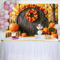 Lofaris Toile de fond d'automne avec citrouilles et feuilles colorées en bois rustique, magnifique décor de récolte pour studio photo