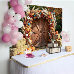 Lofaris Toile de fond d'automne rustique avec porte en bois et citrouilles, décor de récolte pour photographie et fête