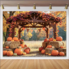 Lofaris. Toile de fond d'automne rustique avec citrouilles et balles de foin, décor de récolte pour studio photo et fête
