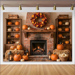 Lofaris Toile de fond de photographie cheminée d'automne avec citrouilles et feuilles, rustique pour studio photo et décor de récolte