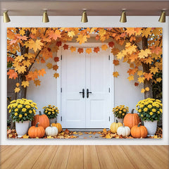 Lofaris Toile de fond de photographie d'automne avec feuilles d'érable et citrouilles, décor de porte rustique pour studio photo