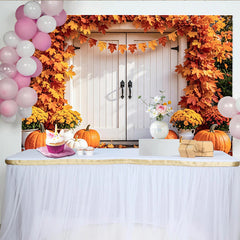 Lofaris Toile de fond de photographie d'automne avec citrouilles et feuilles d'érable, décor de porte blanche pour studio photo