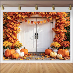 Lofaris Toile de fond de photographie d'automne avec citrouilles et feuilles d'érable, décor de porte blanche pour studio photo