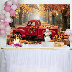 Lofaris Toile de fond de Thanksgiving avec camion rouge citrouilles et feuilles d'automne, arrière-plan rustique pour fête de récolte
