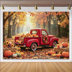 Lofaris Toile de fond automnale avec camion rouge et citrouilles, magnifique décor de récolte pour studio photo de portrait