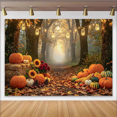 Découvrez Toile de fond automne avec citrouilles et tournesols, magnifique arrière-plan de récolte pour studio de photo