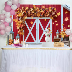 Lofaris Toile de fond de photographie grange rouge pour automne, décor rustique avec citrouilles et feuilles pour studio photo