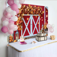 Lofaris Toile de fond de photographie grange rouge pour automne, décor rustique avec citrouilles et feuilles pour studio photo