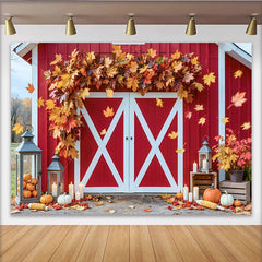 Lofaris Toile de fond de photographie grange rouge pour automne, décor rustique avec citrouilles et feuilles pour studio photo