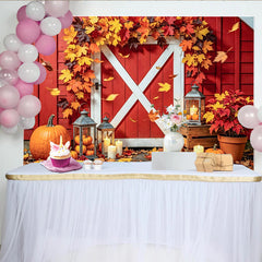 Lofaris Toile de fond automne avec citrouilles et grange rouge, magnifique arrière-plan rustique pour studio photo