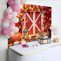 Lofaris Toile de fond automnale avec citrouilles et porte de grange, decor chaleureux de fete de recolte pour studio de photo