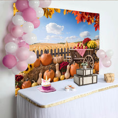 Lofaris Toile de fond de photographie d'automne avec citrouilles et chariot, arrière-plan rustique pour studio photo ou décoration