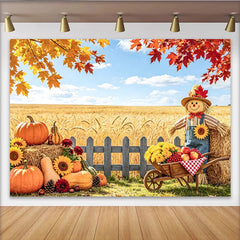Lofaris Toile de fond automnale avec citrouilles et épouvantail, arrière-plan de récolte rustique pour studio photo