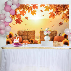 Découvrez Toile de fond automne avec citrouilles et tournesols, magnifique arrière-plan de photographie pour studio