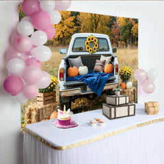 Lofaris Toile de fond automne avec camion blanc et citrouilles, décor de récolte rustique avec tournesols pour studio