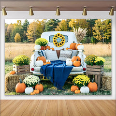 Lofaris Toile de fond d'automne rustique avec citrouilles et chrysanthèmes, magnifique décor pour séance photo de la récolte
