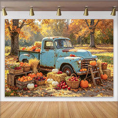 Lofaris Toile de fond automnale avec camion bleu et citrouilles, magnifique arrière-plan de récolte pour studio photo