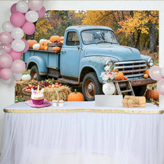 Lofaris Toile de fond automne avec citrouilles et vieux camion bleu, bel arrière-plan rustique de récolte pour studio photo