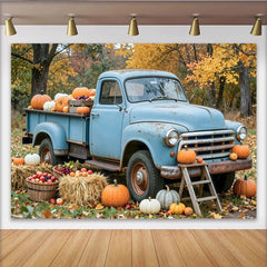 Lofaris Toile de fond automne avec citrouilles et vieux camion bleu, bel arrière-plan rustique de récolte pour studio photo