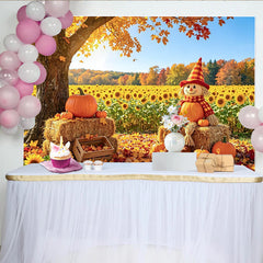Découvrez Toile de fond automne avec citrouilles et tournesols, magnifique arrière-plan de récolte pour studio photo