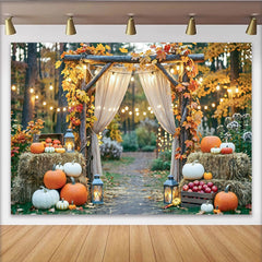 Lofaris Toile de fond d'automne rustique avec arche, citrouilles et feuilles, magnifique arrière-plan pour photographie de récolte et fête