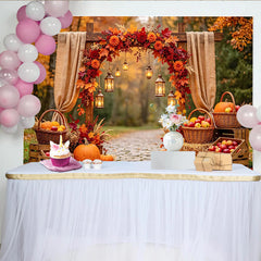 Lofaris Toile de fond d'automne rustique avec arche en bois, citrouilles et feuillage, décor de récolte avec lanternes pour studio photo