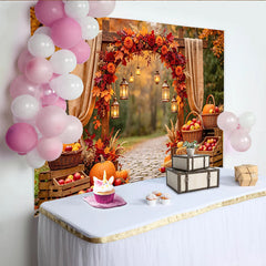 Lofaris Toile de fond d'automne rustique avec arche en bois, citrouilles et feuillage, décor de récolte avec lanternes pour studio photo