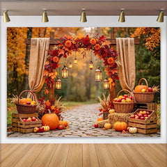 Lofaris Toile de fond d'automne rustique avec arche en bois, citrouilles et feuillage, décor de récolte avec lanternes pour studio photo