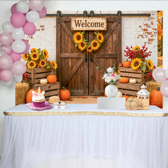 Lofaris Toile de fond d'automne rustique avec porte de grange, citrouilles et tournesols, de récolte pour studio photo et décoration