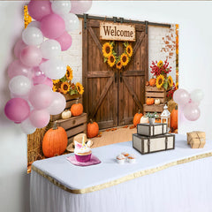 Lofaris Toile de fond d'automne rustique avec porte de grange, citrouilles et tournesols, de récolte pour studio photo et décoration
