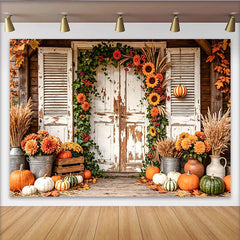 Lofaris Toile de fond de photographie automne avec porte en bois, magnifique arrière-plan de récolte pour studio photo