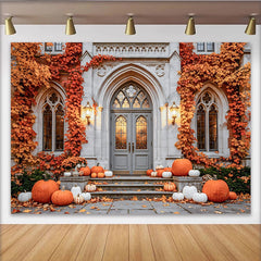 Découvrez Toile de fond de photographie automne avec citrouilles, magnifique arrière-plan de château pour studio photo