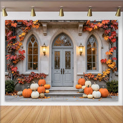 Découvrez Toile de fond de photographie automne avec citrouilles, magnifique arrière-plan de porte pour studio photo