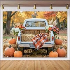 Lofaris Toile de fond automne avec citrouilles et camion blanc, decor de recolte rustique pour studio de photographie