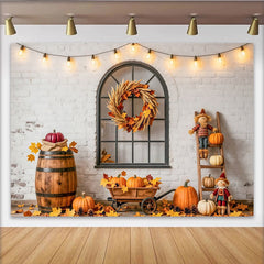 Lofaris Toile de fond pour automne avec citrouilles et epouvantail, arrière-plan de briques blanches pour studio photo