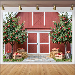 Lofaris Toile de fond ferme en automne avec grange rouge et pommes, magnifique décor de récolte rustique pour studio photo