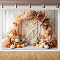 Lofaris Toile de fond de photographie automne bohème avec ballons citrouilles herbe de la pampa et macramé, élégant décor rustique