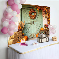 Lofaris Toile de fond d'automne rustique avec citrouilles et porte de grange, magnifique décor de récolte pour photographie
