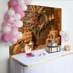 Lofaris Toile de fond de photographie rustique en bois avec pampa et roses, chaleureux pour studio photo ou décor de fête automnale